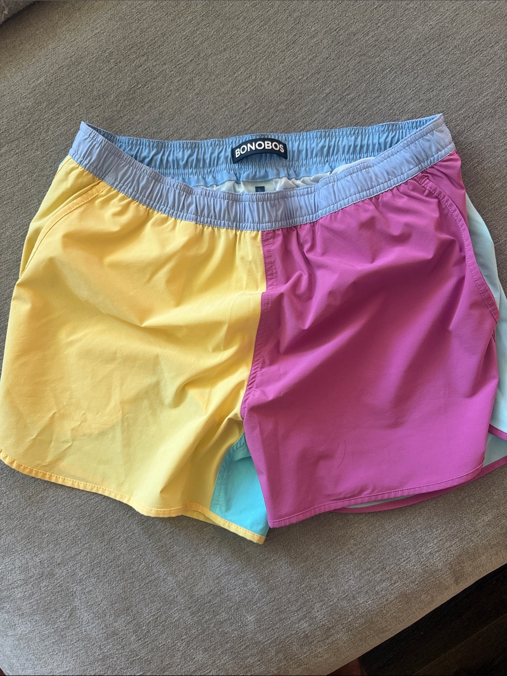 Bonobos Colorblock Men's Swim Trunks in Yellow & Pink with Light Blue Waistband